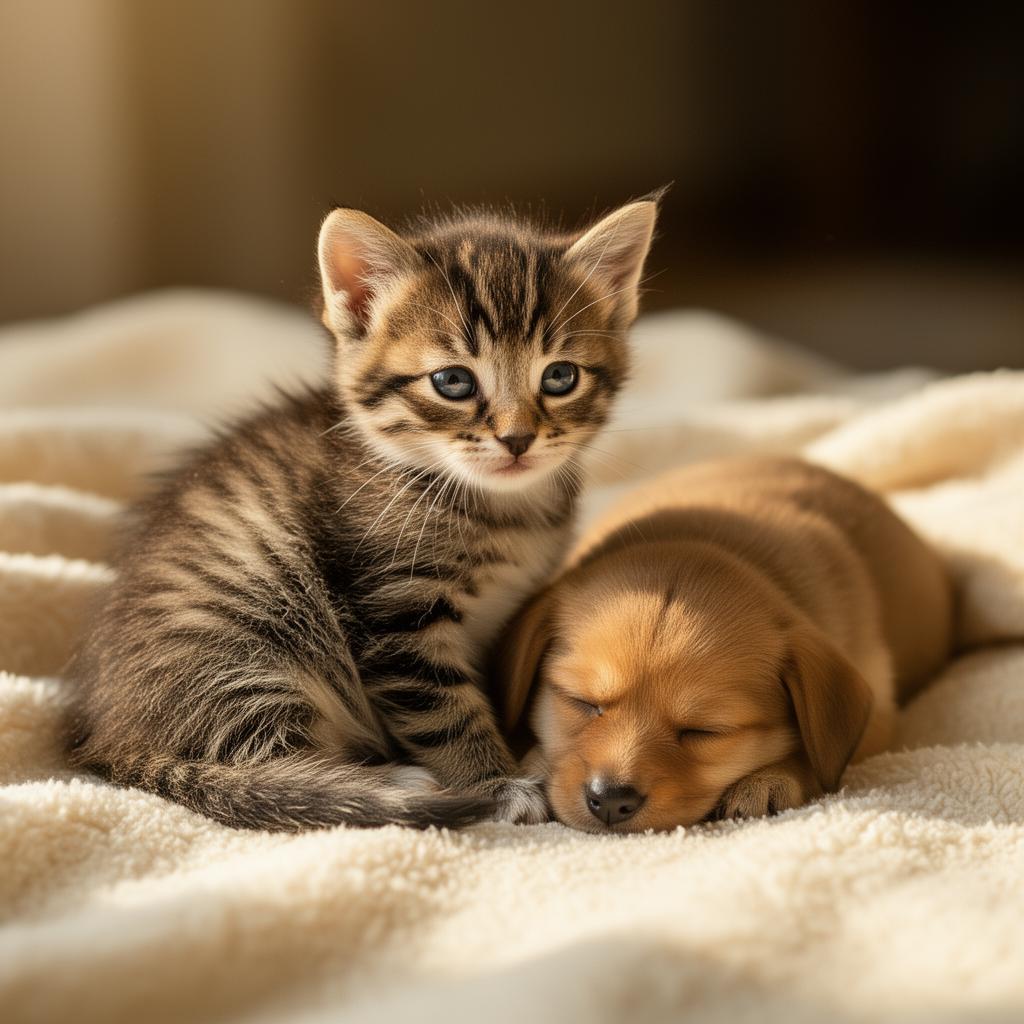 A kitten and puppy snuggled on a cream blanket