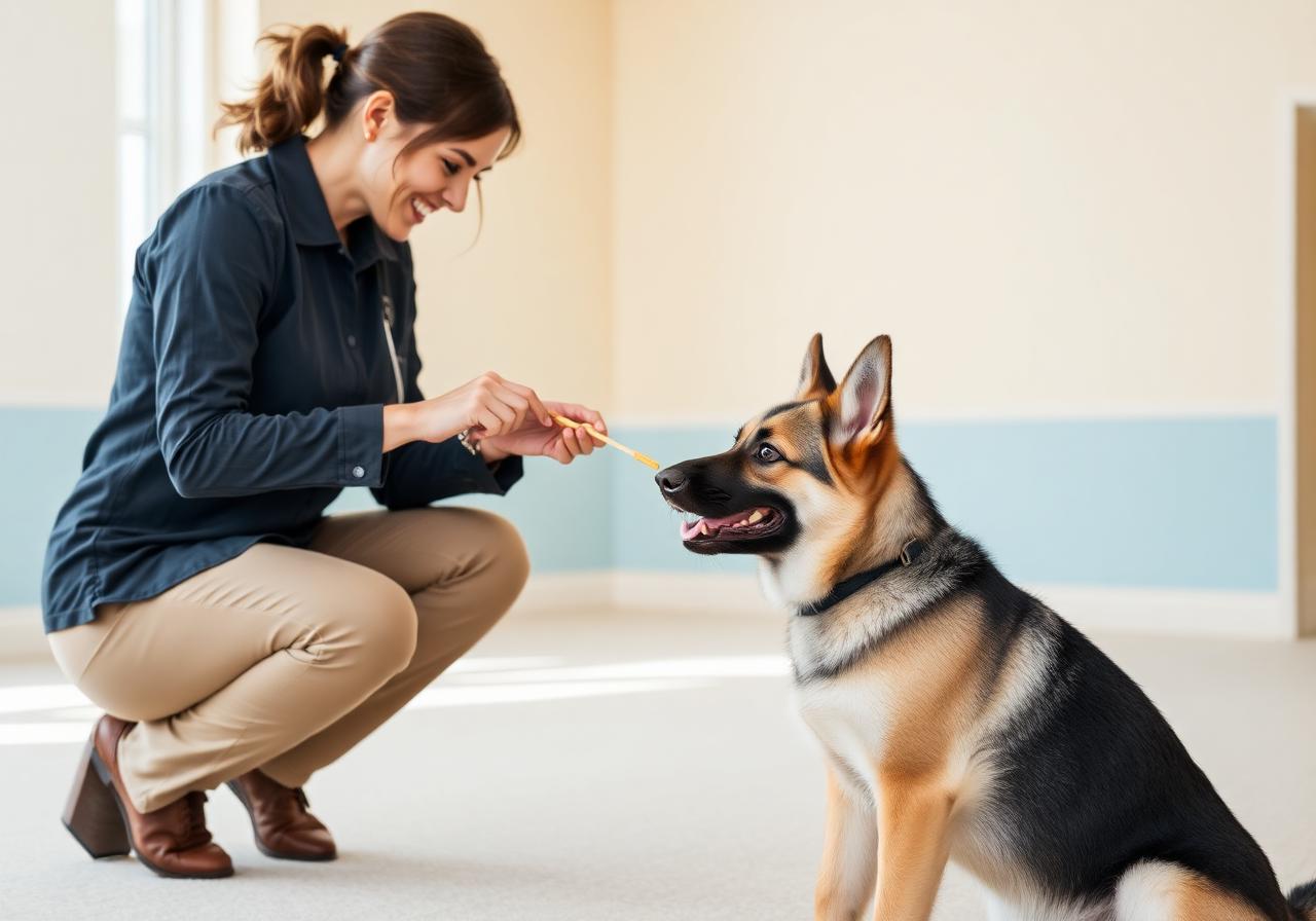 A trainer rewarding a German Shepherd puppy at Luka Paws